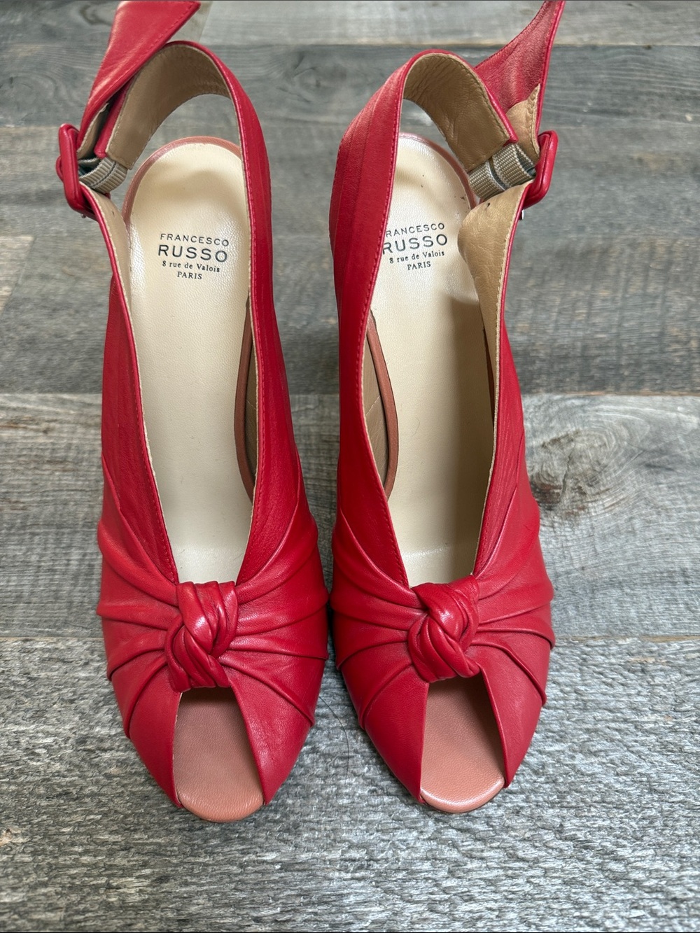 Francesco Russo Red Leather Knotted Peep-Toe Slingback Heels